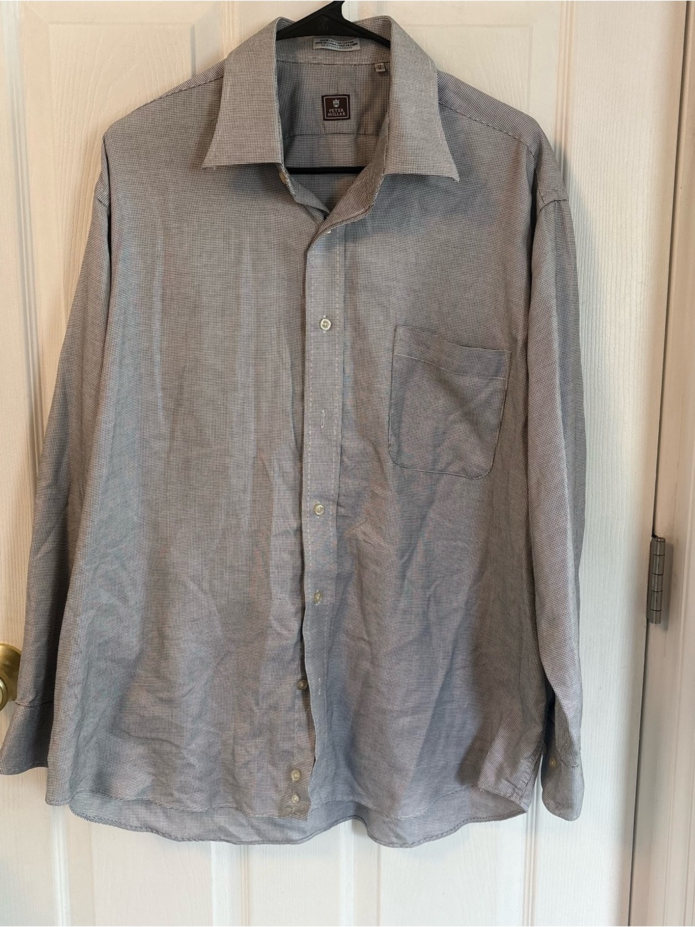 Peter Millar Mens 17 Blue White Micro Check Long Sleeve Button Up Shirt Cotton